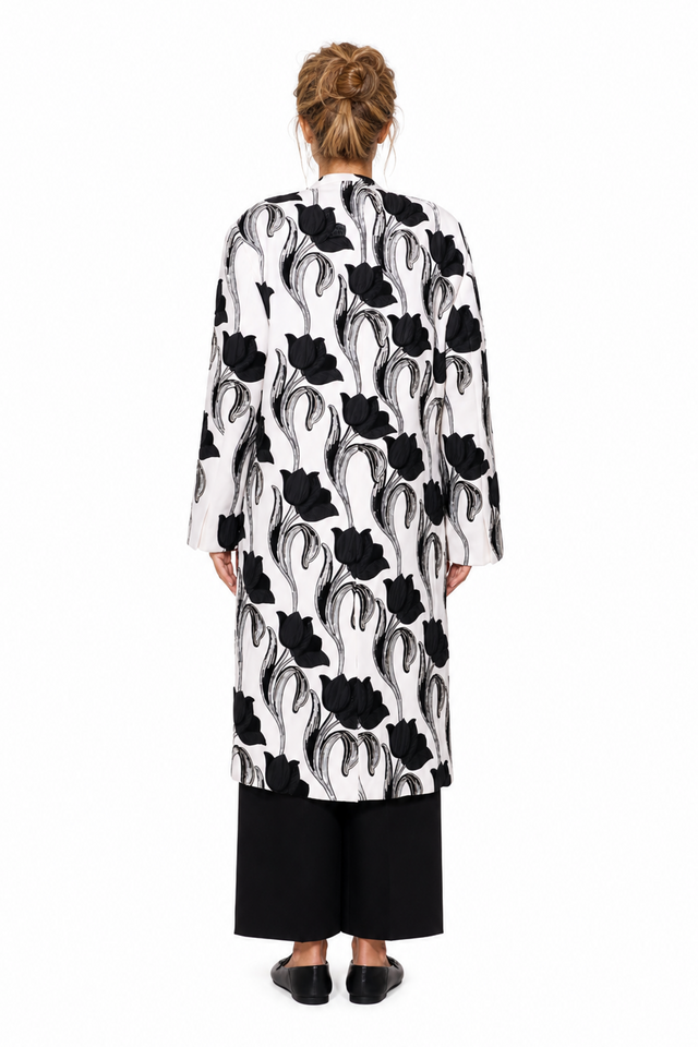 Valentino Tulip Velvet-Appliqué Double-Breasted Wool Coat in Chalk White & Jet Black