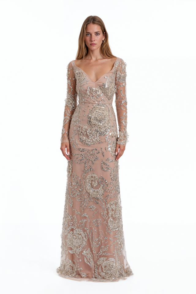 Valentino blush tulle gown with silver bead and sequin floral embroidery and long sheer sleeves – front view