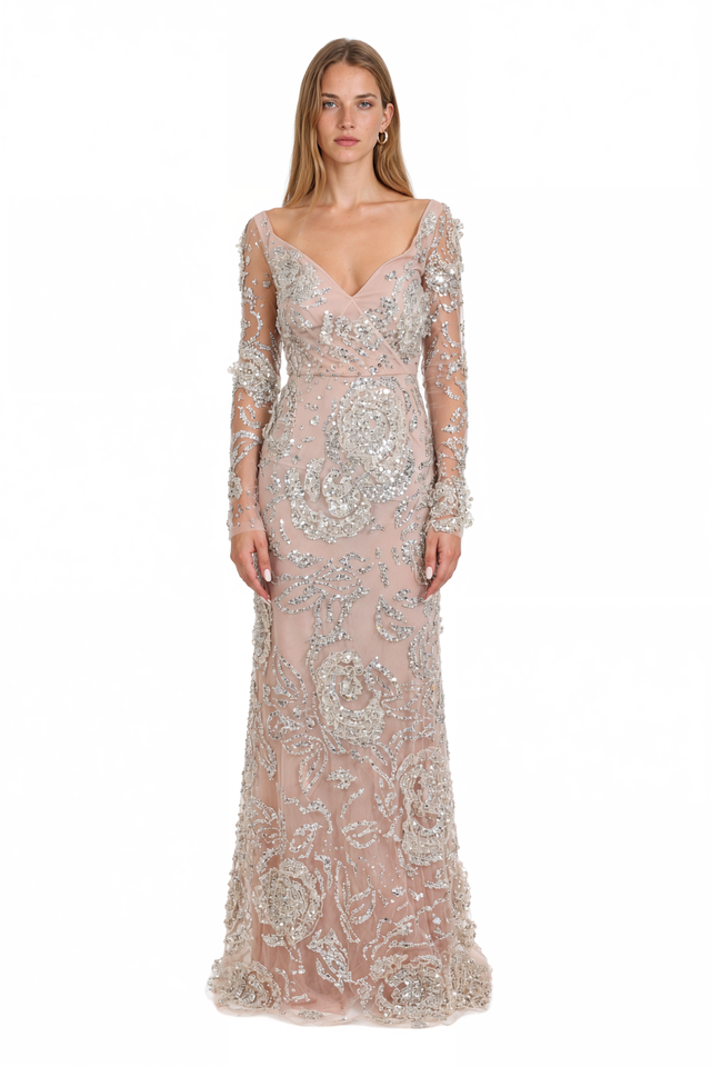 Valentino Beaded Floral Tulle Gown – Blush Long Sleeve Column Maxi Dress