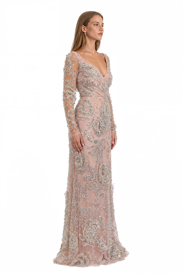 Valentino Beaded Floral Tulle Gown – Blush Long Sleeve Column Maxi Dress
