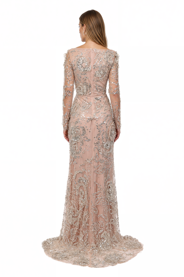 Valentino Beaded Floral Tulle Gown – Blush Long Sleeve Column Maxi Dress