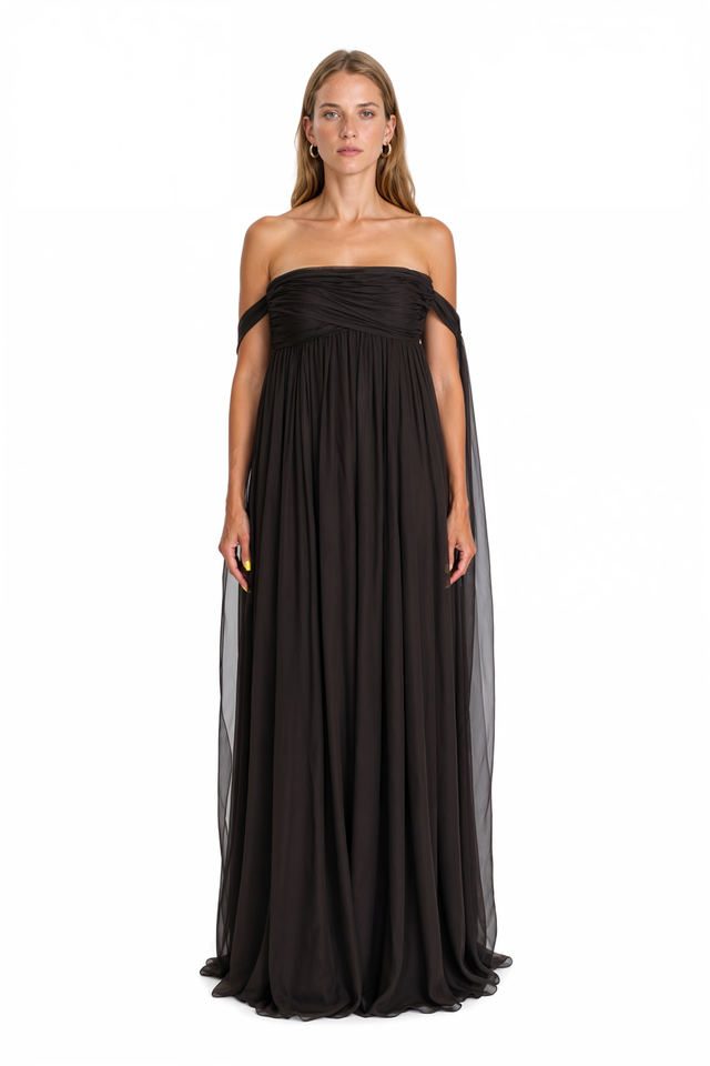Valentino black chiffon gown with off-shoulder pleated bodice and cape sleeves – front view