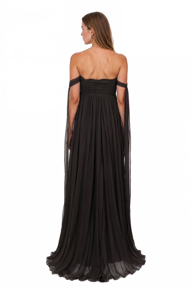 Back view of a Valentino black chiffon off-shoulder gown