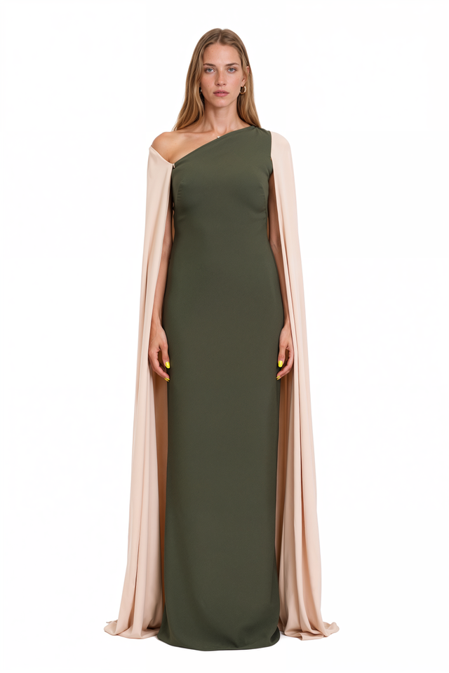 Valentino olive green column gown with one-shoulder neckline and blush cape – front view