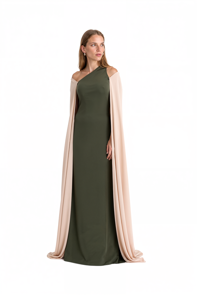 Side view of a Valentino olive green cape gown showing the blush silk cape