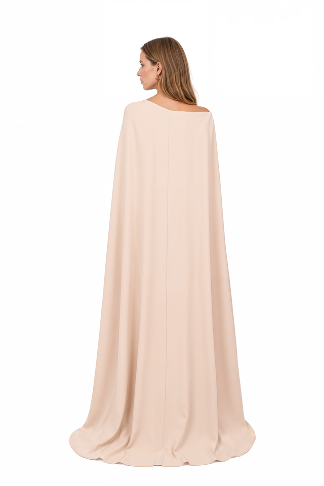 Back view of a Valentino olive green one-shoulder gown with contrast cape