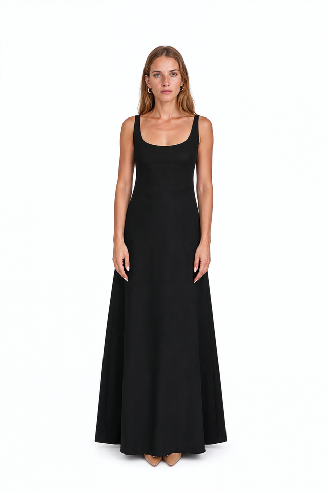 Valentino black wool crepe gown with wide scoop neckline and full A-line skirt – front view