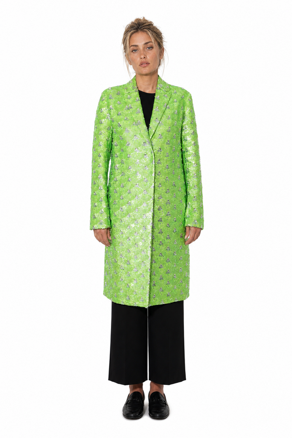 Valentino Scalloped Sequined Tailored Duster Coat in Chartreuse Green