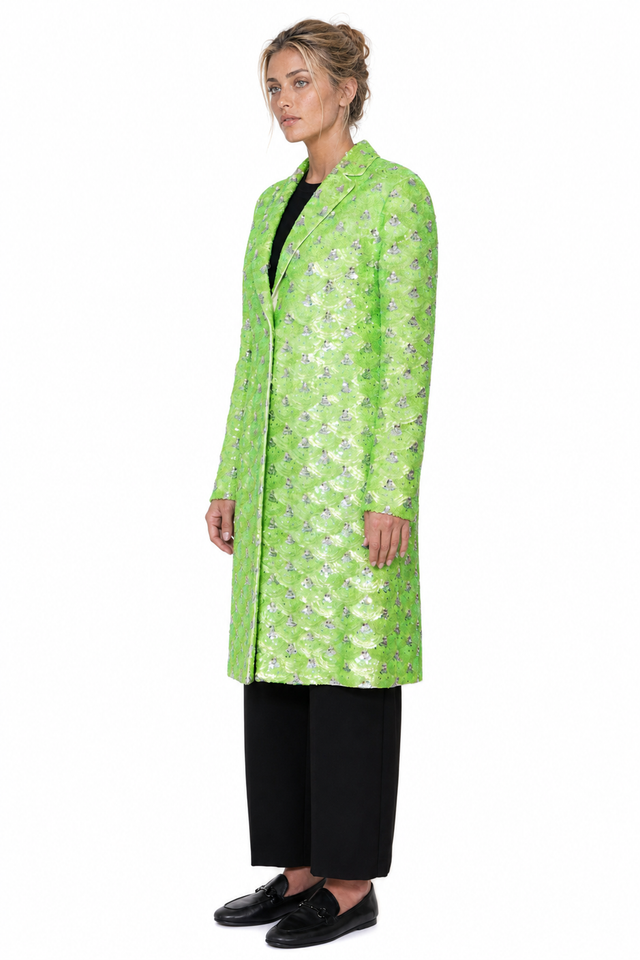 Valentino Scalloped Sequined Tailored Duster Coat in Chartreuse Green