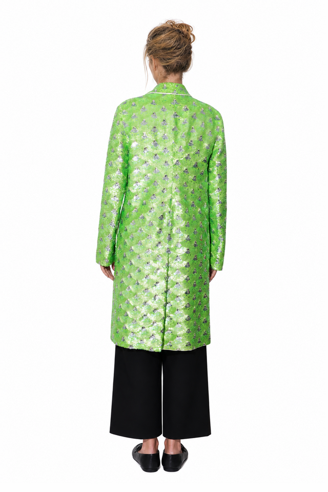 Valentino Scalloped Sequined Tailored Duster Coat in Chartreuse Green