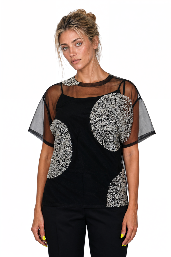 Valentino Mesh-Overlay Embellished Short-Sleeve Top in Black