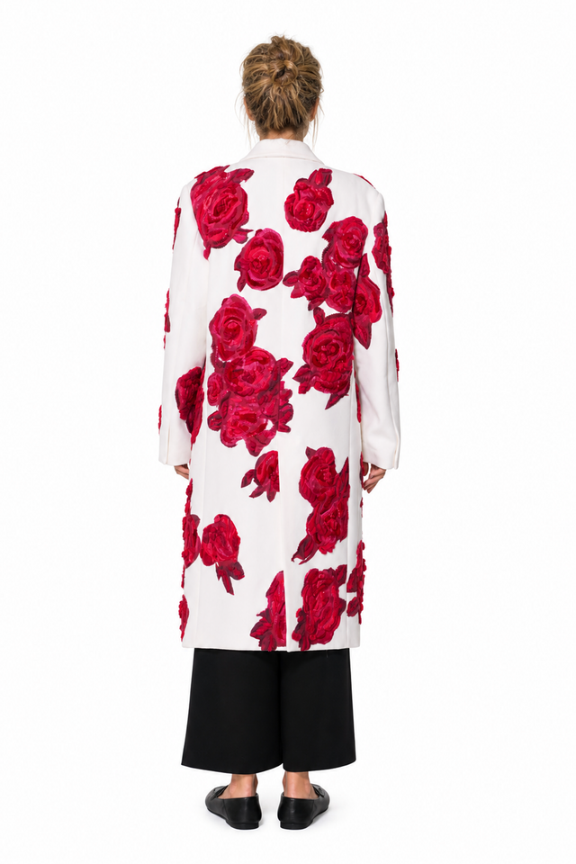 Valentino 3D Crimson Rose Velvet Appliqué Double-Breasted Wool Coat in Ivory & Red