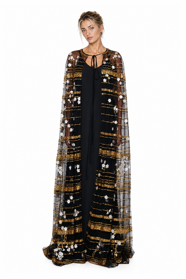 Valentino long black tulle evening cape with gold sequin stripes and floral appliqués