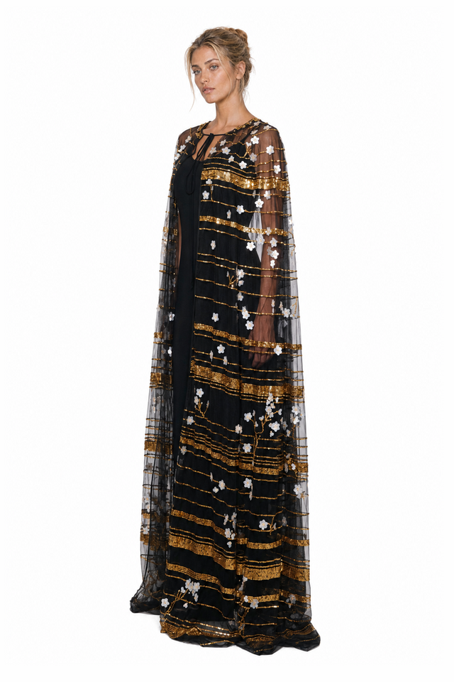 Valentino long black tulle evening cape with gold sequin stripes and floral appliqués