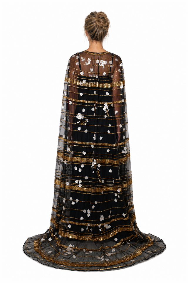 Valentino long black tulle evening cape with gold sequin stripes and floral appliqués