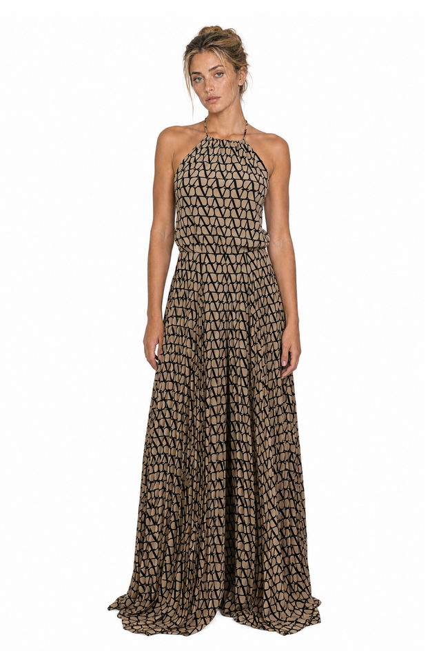 Valentino Toile Iconographe Pleated Silk Halterneck Jumpsuit in Beige & Black