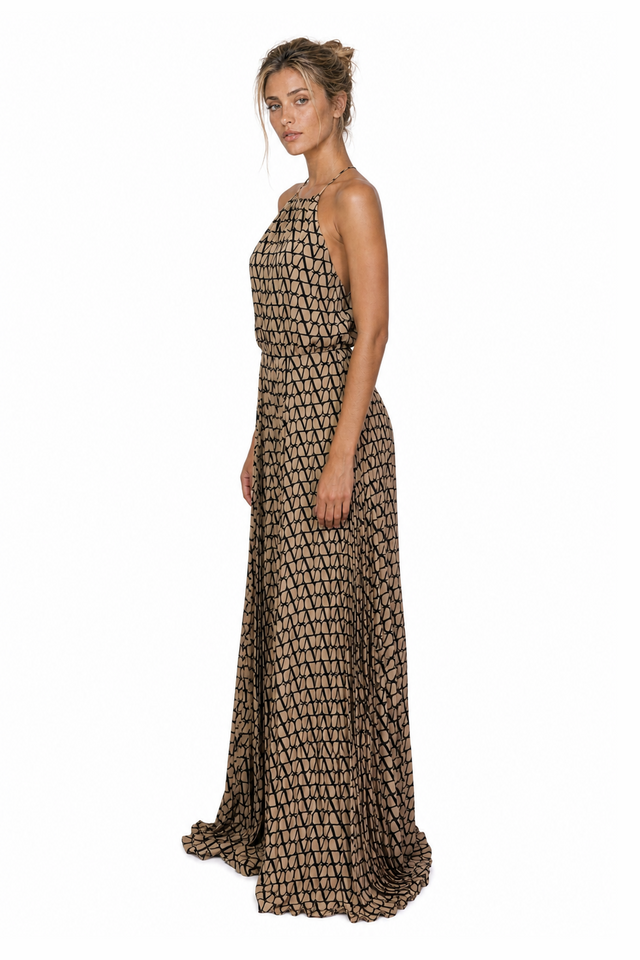 Valentino Toile Iconographe Pleated Silk Halterneck Jumpsuit in Beige & Black
