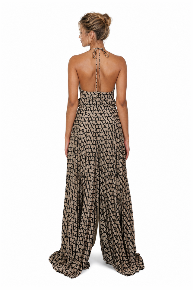 Valentino Toile Iconographe Pleated Silk Halterneck Jumpsuit in Beige & Black