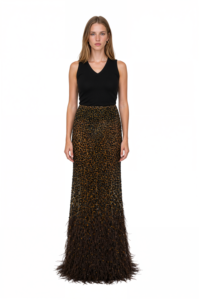 Valentino gold and black leopard sequin column maxi skirt with feather-trimmed hem