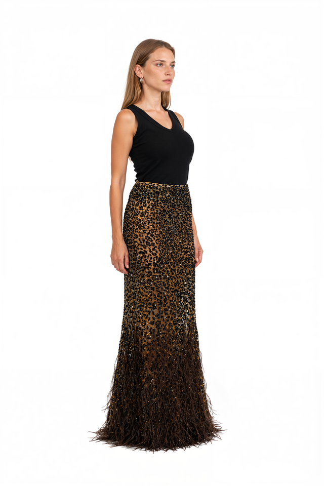 Valentino gold and black leopard sequin column maxi skirt with feather-trimmed hem