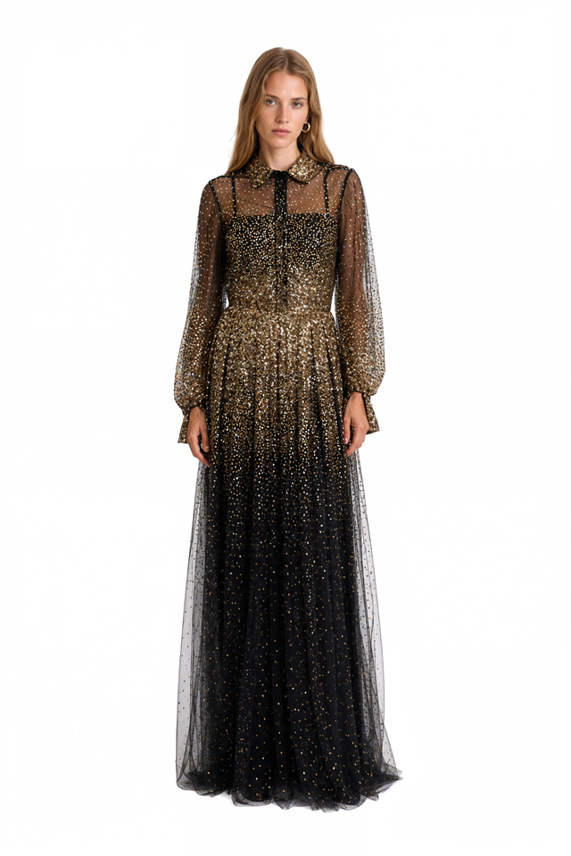 Front view of Valentino black tulle gown with gold sequin degradé embroidery, point collar and sheer blouson sleeves