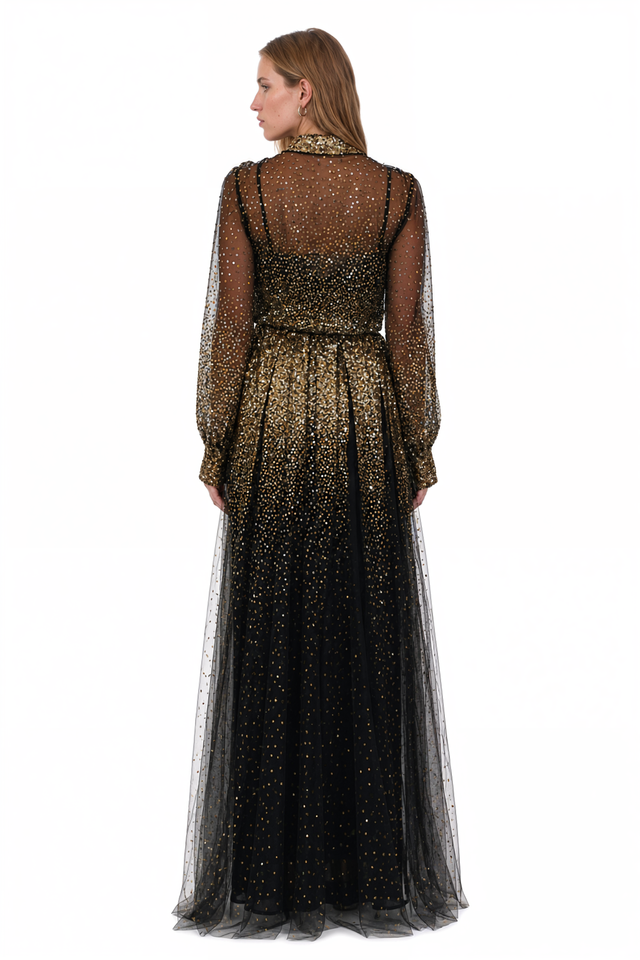 Back view of Valentino black tulle gown with gold sequin degradé embroidery