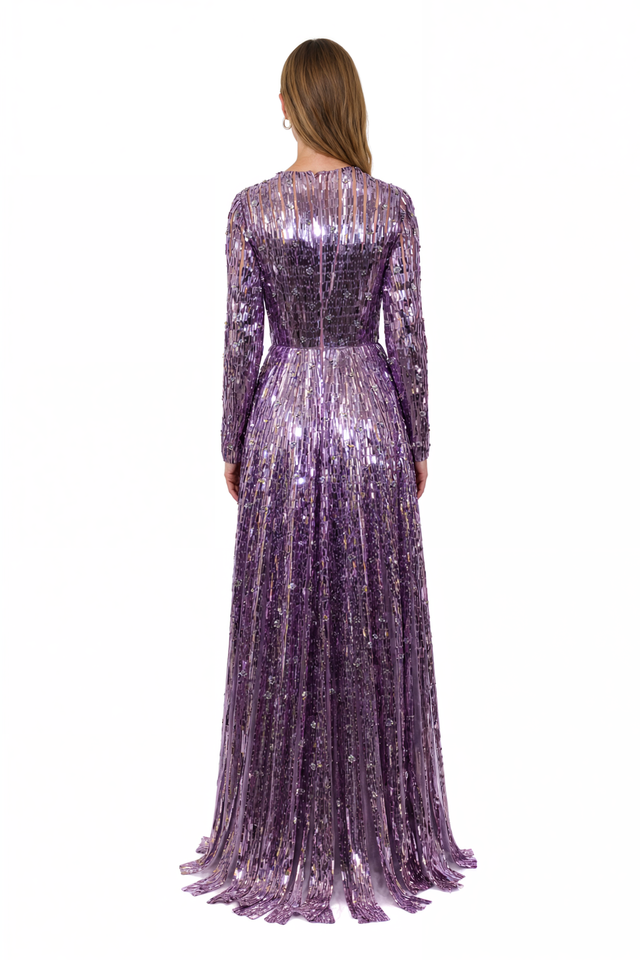 Valentino Sequin Stripe Tulle Gown – Purple Long Sleeve Maxi Dress