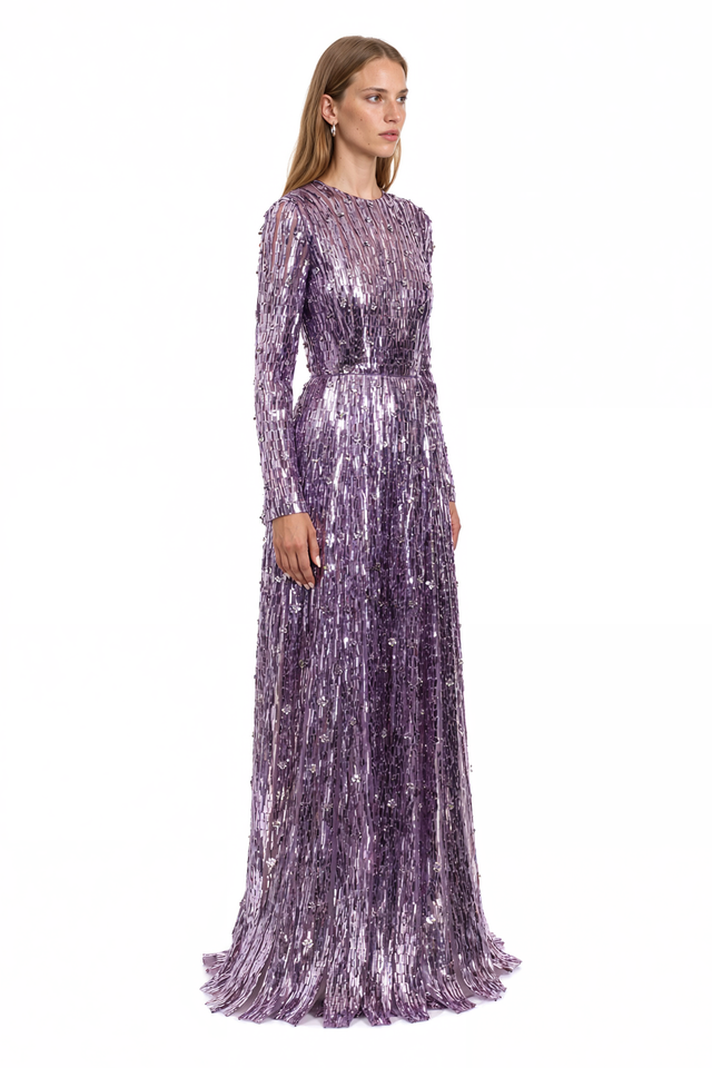 Valentino Sequin Stripe Tulle Gown – Purple Long Sleeve Maxi Dress