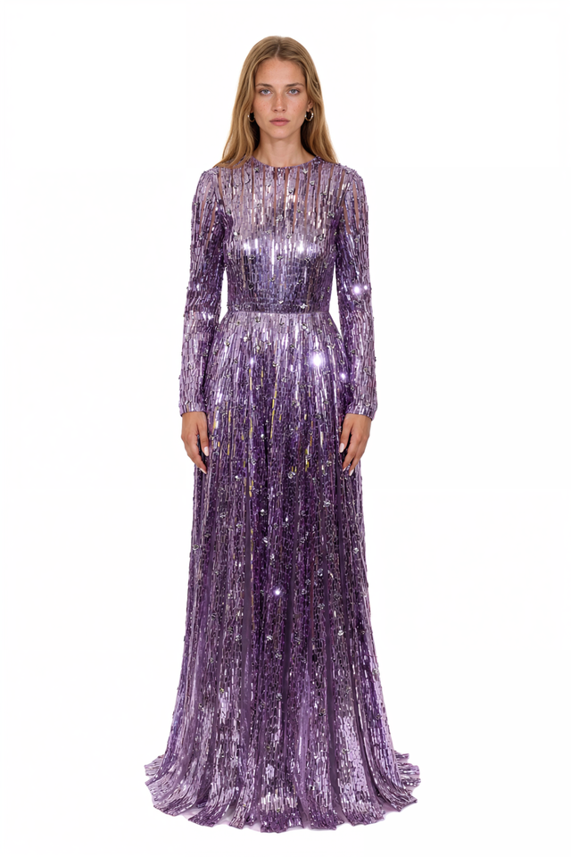 Valentino Sequin Stripe Tulle Gown – Purple Long Sleeve Maxi Dress