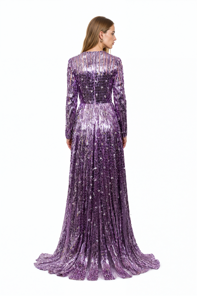 Back view of a Valentino purple sequin stripe tulle gown with sheer sleeves