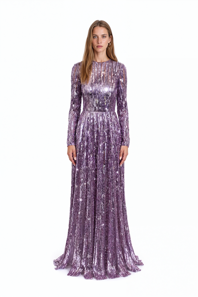Valentino lilac tulle gown with vertical sequin striping and long sheer sleeves – front view