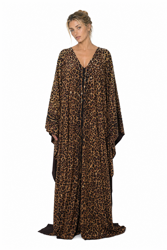 Valentino Women's Leopard Print Sequined Silk Kaftan Gown in Brown & Gold