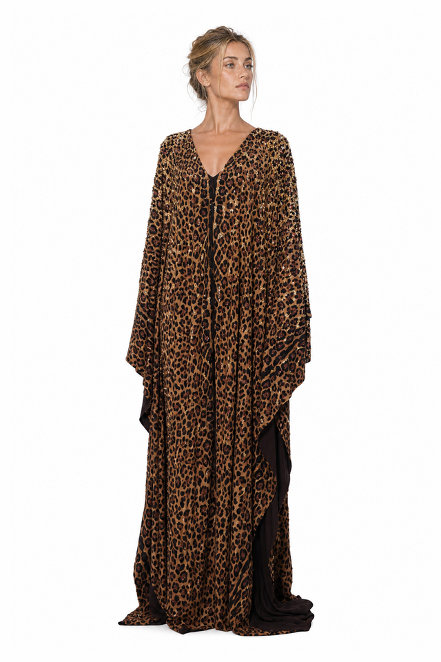 Valentino Women's Leopard Print Sequined Silk Kaftan Gown in Brown & Gold