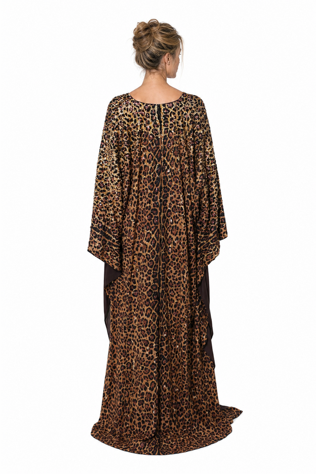 Valentino Women's Leopard Print Sequined Silk Kaftan Gown in Brown & Gold