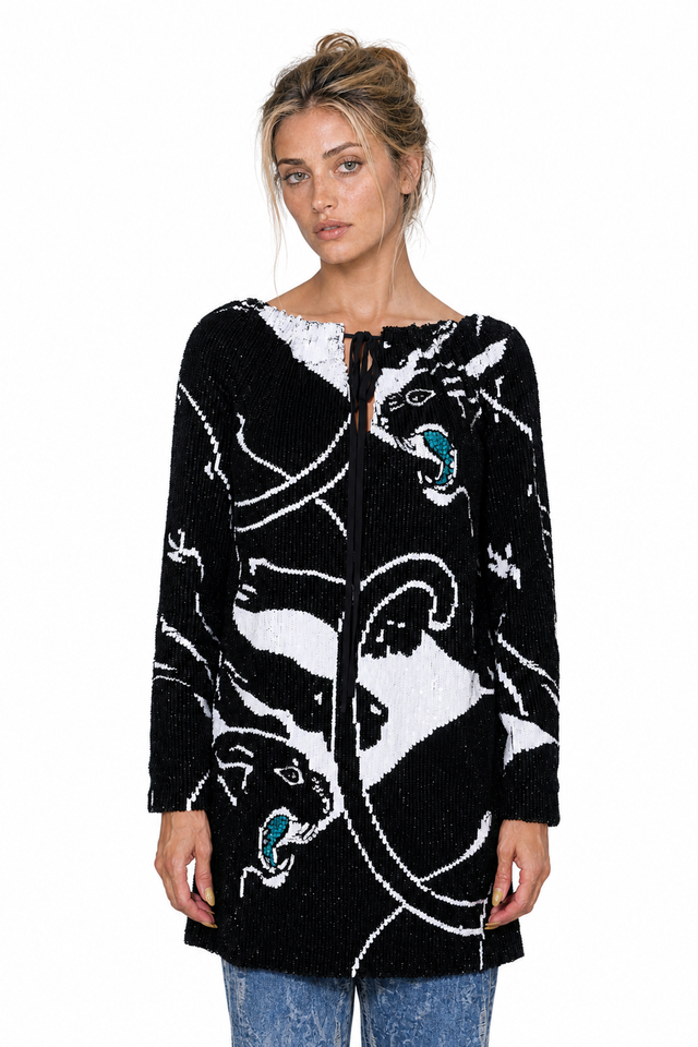 Valentino Women's Sequined Panther Motif Mini Dress Tunic in Black & White