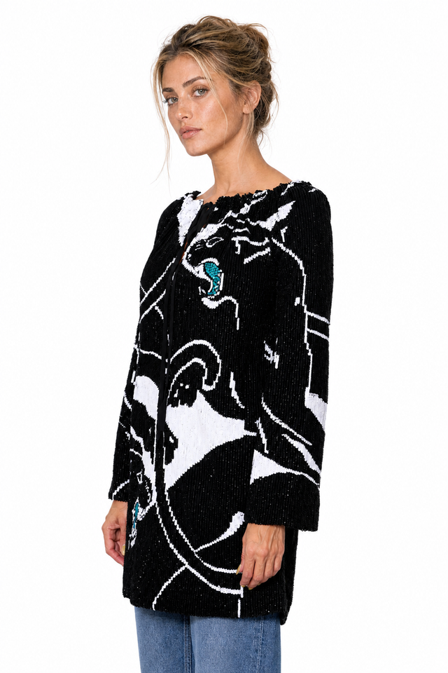 Valentino Women's Sequined Panther Motif Mini Dress Tunic in Black & White