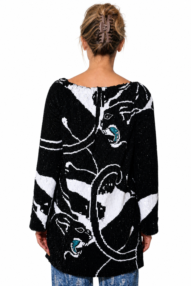 Valentino Women's Sequined Panther Motif Mini Dress Tunic in Black & White