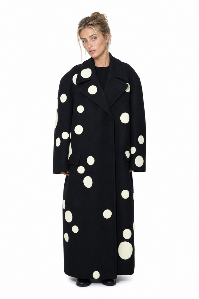 Valentino Polka Dot Virgin Wool Long Coat in Black & Ivory