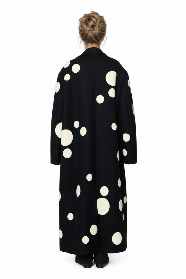 Valentino Polka Dot Virgin Wool Long Coat in Black & Ivory