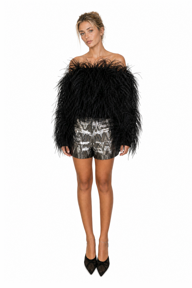 Valentino Feather-Embellished Off-the-Shoulder Top in Jet Black