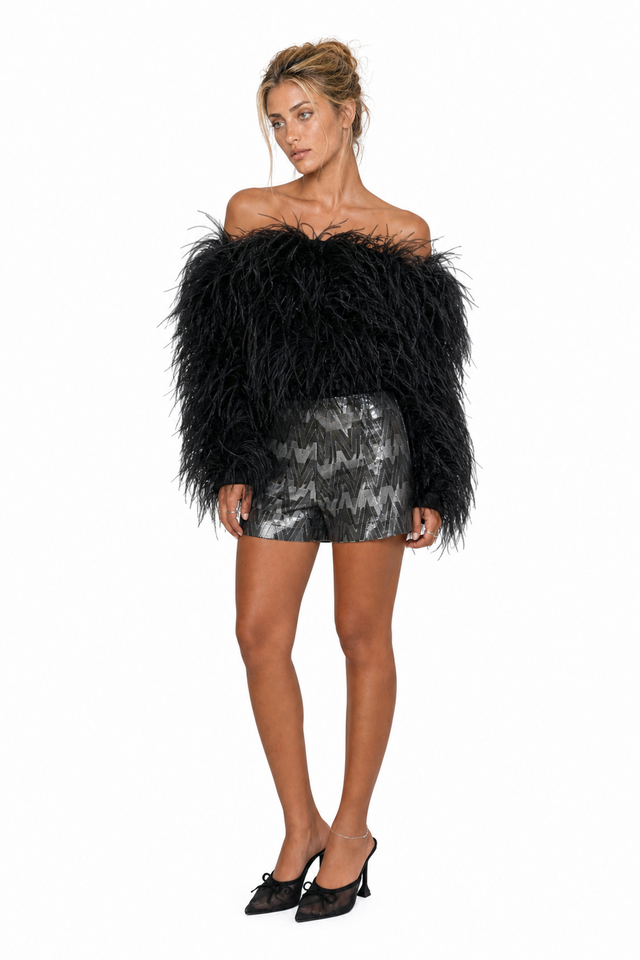 Valentino Feather-Embellished Off-the-Shoulder Top in Jet Black