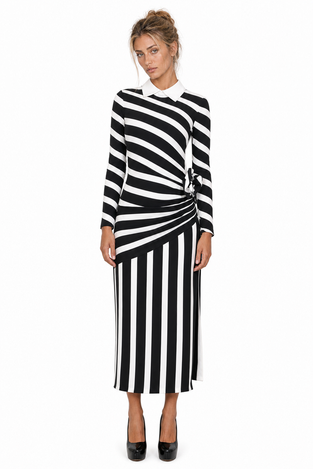 Valentino Striped Silk-Cady Side-Tie Midi Dress in Black & White