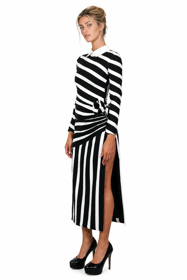 Valentino Striped Silk-Cady Side-Tie Midi Dress in Black & White