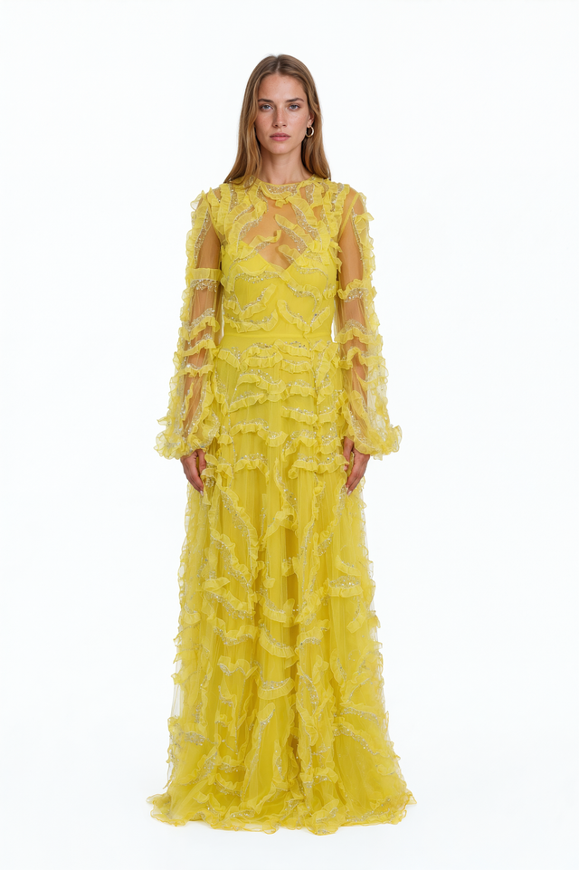 Valentino yellow tulle gown with beaded organza ruffle trails and long sheer sleeves – front view