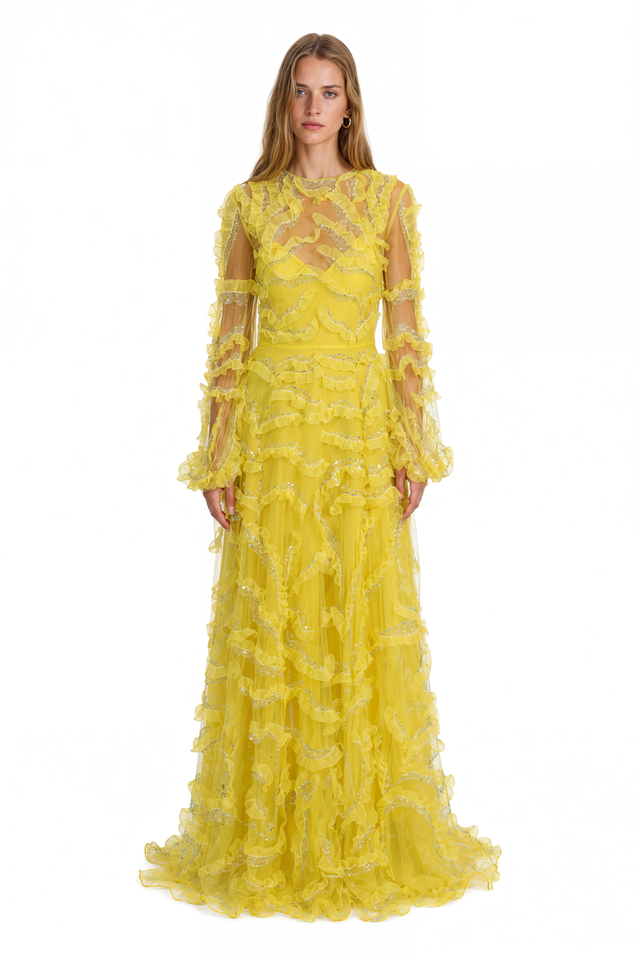 Valentino Ruffle Trim Beaded Tulle Gown – Yellow Long Sleeve Maxi Dress