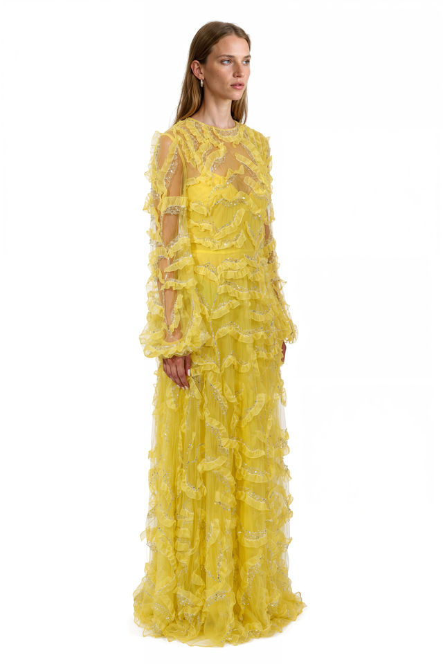 Valentino Ruffle Trim Beaded Tulle Gown – Yellow Long Sleeve Maxi Dress