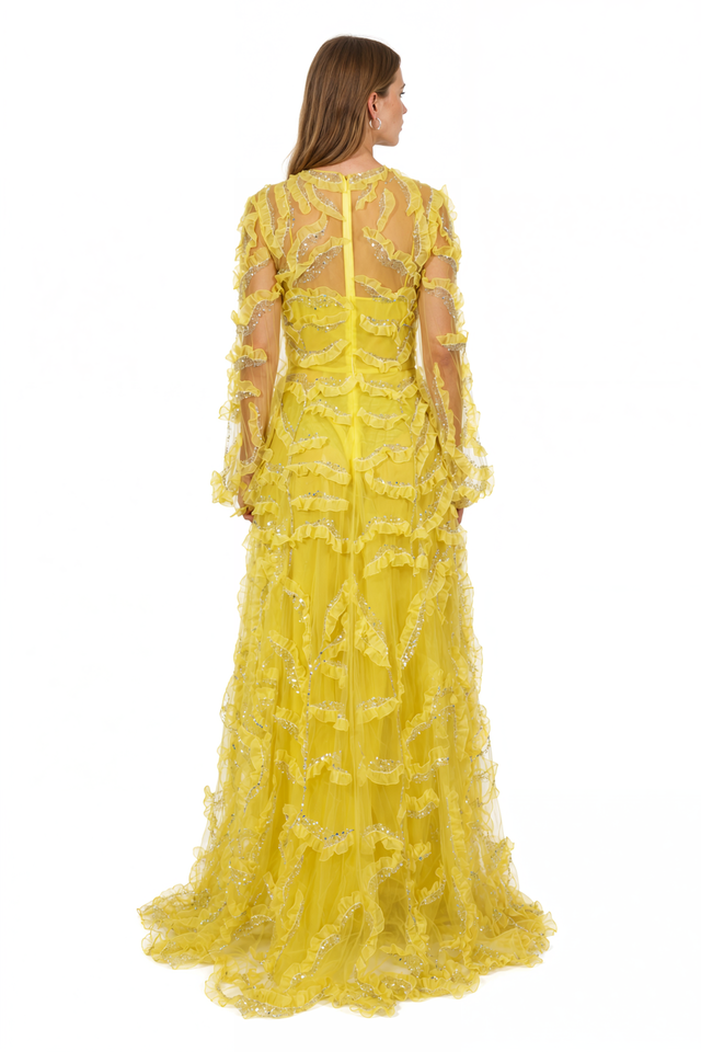 Valentino Ruffle Trim Beaded Tulle Gown – Yellow Long Sleeve Maxi Dress