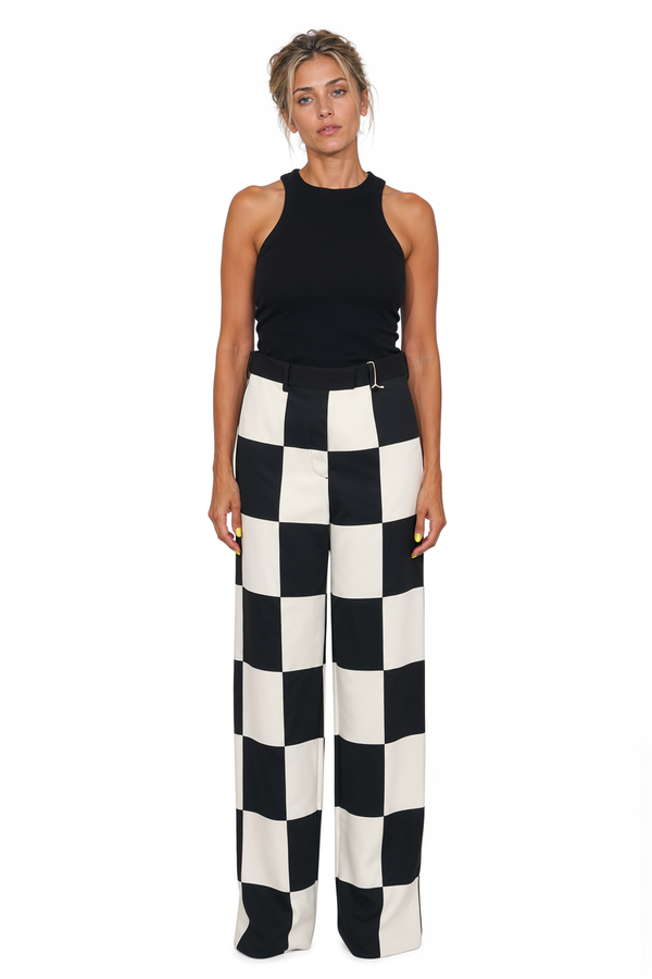 Valentino Checkerboard Wide-Leg Trousers in Black & Ivory