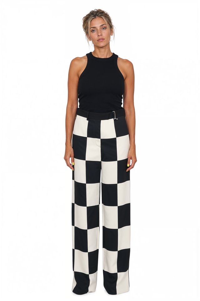 Valentino Checkerboard Wide-Leg Trousers in Black & Ivory