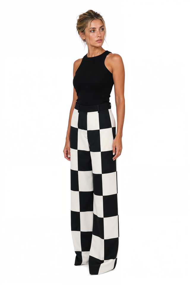 Valentino Checkerboard Wide-Leg Trousers in Black & Ivory